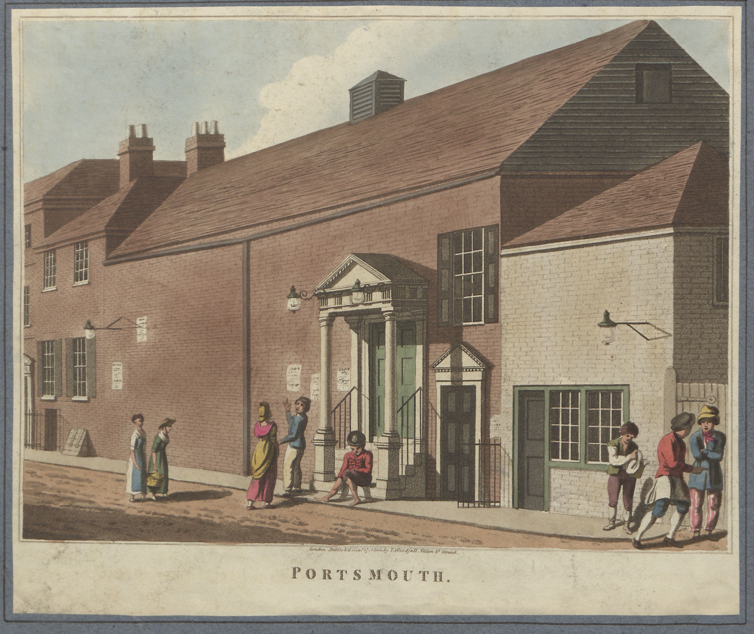 Passers-by read playbills outside a theatre in Portsmouth