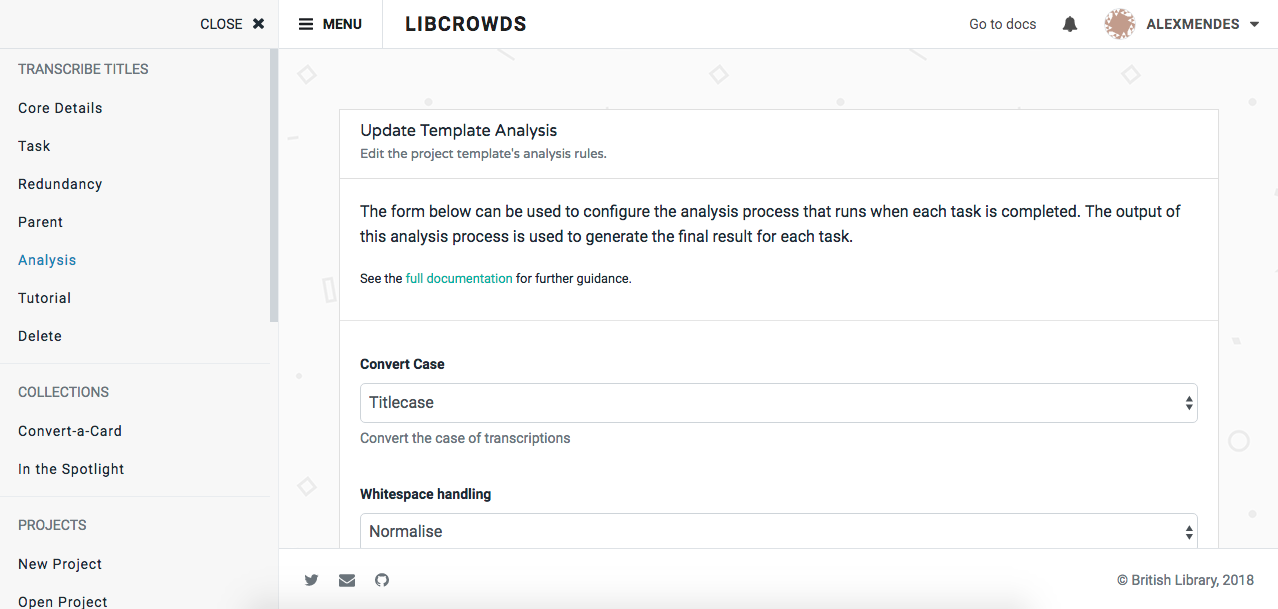 A screenshot of a template's analysis admin page