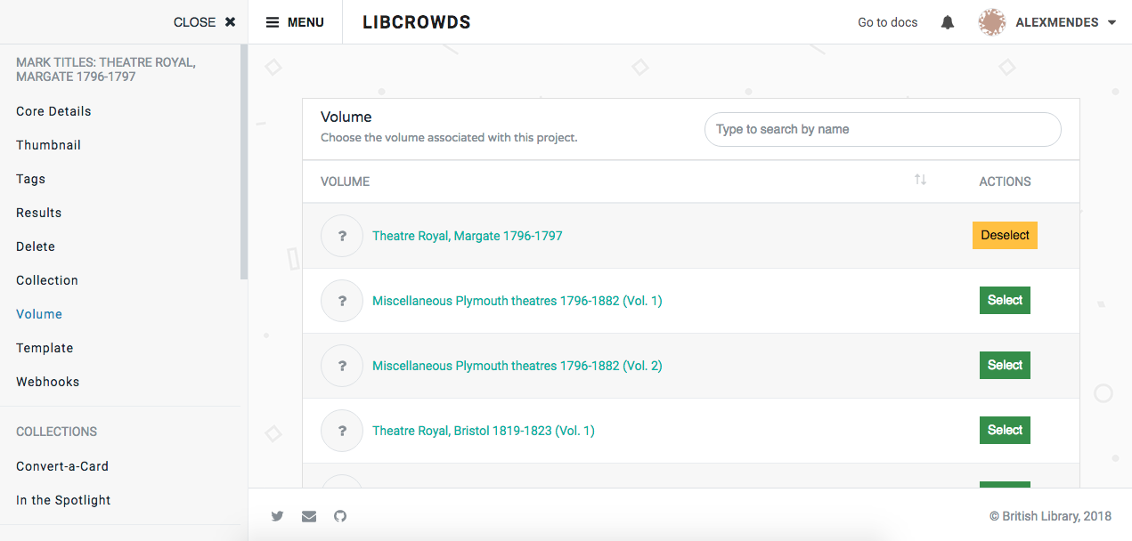 A screenshot of a project's volume admin page