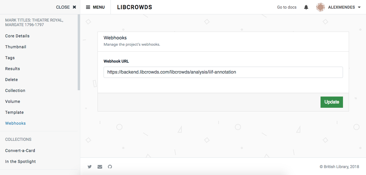 A screenshot of a project's webhooks admin page